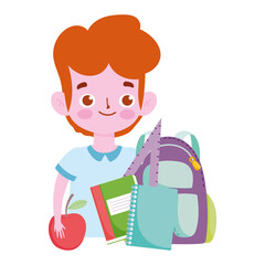 happy teachers day, student boy backpack books and apple cartoon