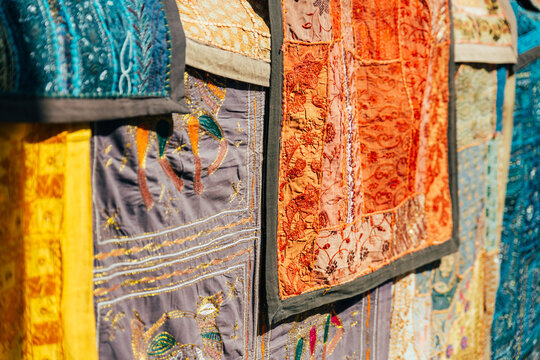 Colourful blankets and fabric on a local market. India