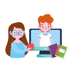 happy teachers day, teacher and student boy computer books and apple