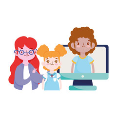 happy teachers day, teacher students girl boy computer online class