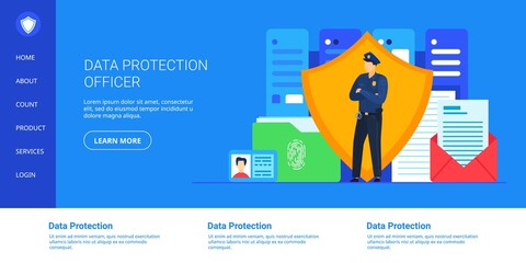 Data protection vector illustration. Cartoon cyber security guard, officer character standing with protective shield for protect digital database, cloud storage of personal data files and documents - obrazy, fototapety, plakaty