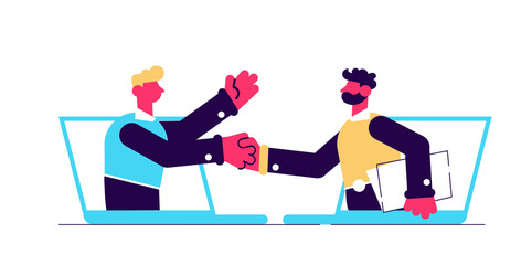 Two businessmen talk through laptop screens