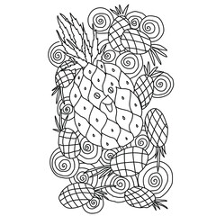 Cute smiling pineapple between spiral patterns and silhouettes of pineapples, tropical fruit coloring page