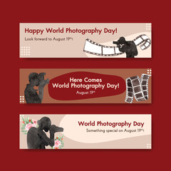 Banner template design with World photography day for advertise and brochure watercolor illustration