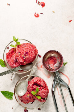 Raspberry icecream served in glass cups with icecream scoop on white background.