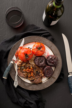 Steak in Red Wine Balsamic Vinegar Reduction with Tomato and Beets