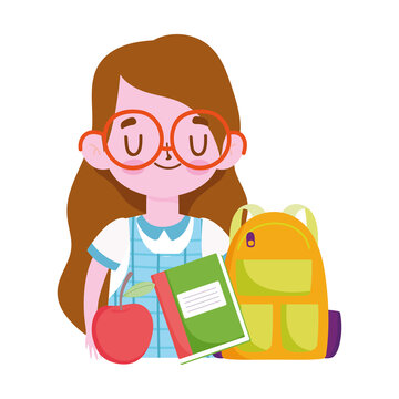 happy teachers day, student girl with bag notebook and apple cartoon