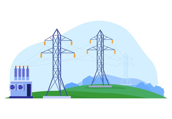 Fototapeta na wymiar Factory power, electricity transmission, high voltage, danger to life, design cartoon style vector illustration, isolated on white. Clean environment, transformer station, high-voltage towers.