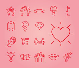 icon set of feminism and heart, line style