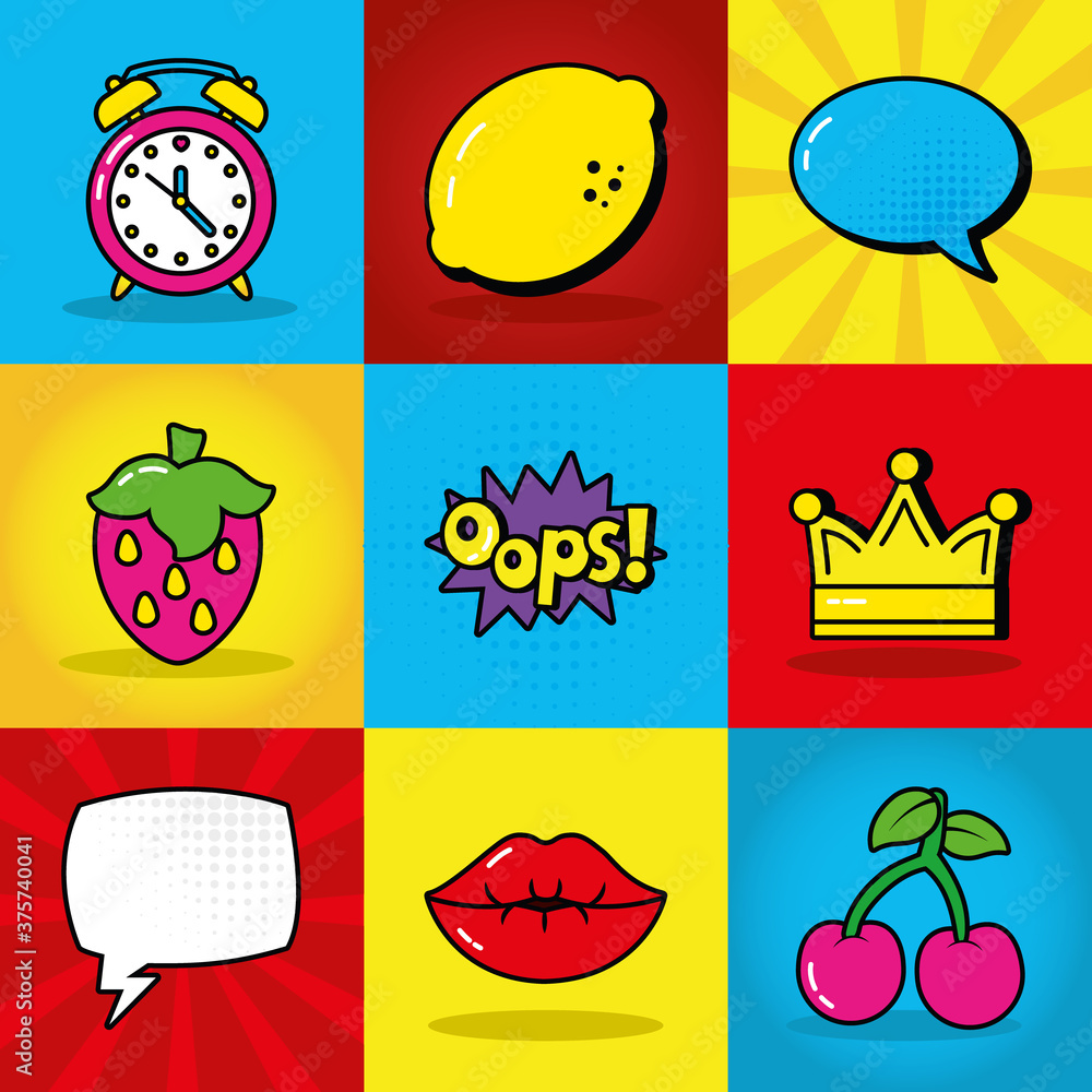 Poster alarm clock and pop art elements icon set, line and fill style