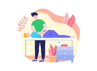 People massage, professional relax therapy, medical health care, male masseur, cartoon vector illustration, isolated on white. Woman lies couch, medicine wellness useful lifestyle therapist specialist