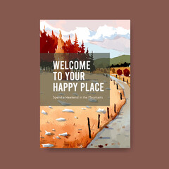 Poster template with landscape in autumn design for brochure and advertise.Fall seasons watercolor vector illustration