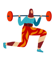Muslim woman doing sports, strength training on lifting barbell, active lifestyle, cartoon vector illustration, isolated on white. Young healthy sportswoman, girl performs exercise, body control.