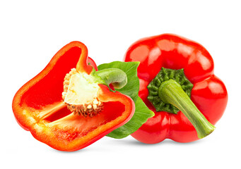 fresh red bell pepper (capsicum) and a cut one on a white background