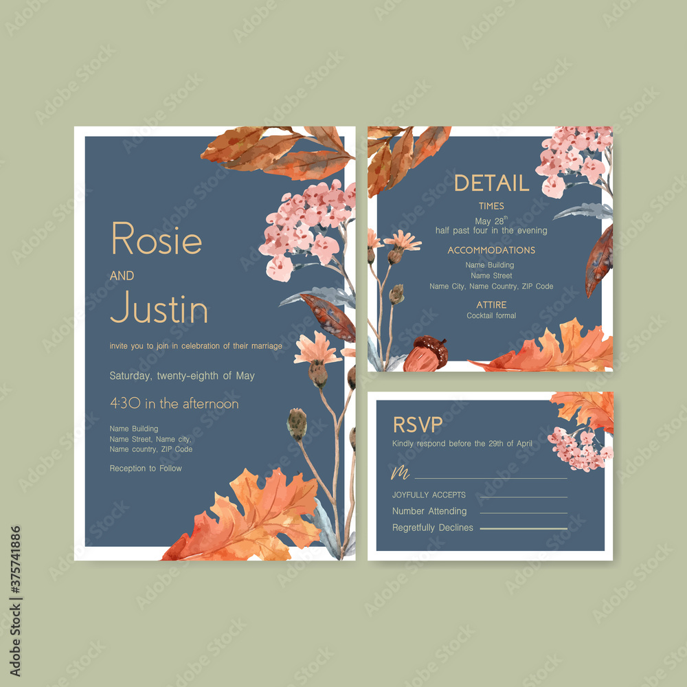 Wall mural autumn daily template design for wedding card and invitation watercolor vector illustration.