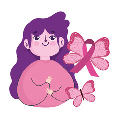 breast cancer awareness month, girl flying butterflies ribbon design