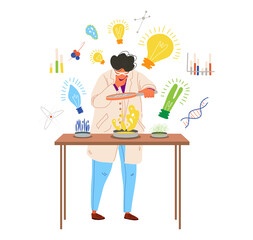 Interesting idea, people certain profession, scientist with high intelligence, cartoon vector illustration, isolated on white. Scientific education, man chemist in laboratory, school chemistry teacher