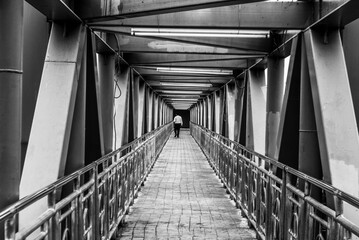 Steel bridge. Structure. Black and white picture.