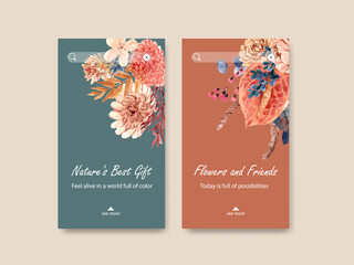 Instagram template with autumn flower concept design for social media and digital marketing watercolor  illustration.