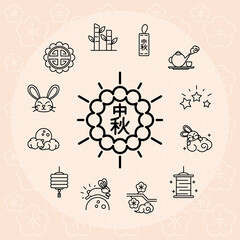 Obraz premium happy mid autumn festival, chinese celebration traditional line style icons set