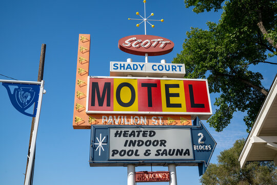 Winnemucca, Nevada - August 5, 2020: Scott Shady Court Motel retro vintage neon sign against a blue sky