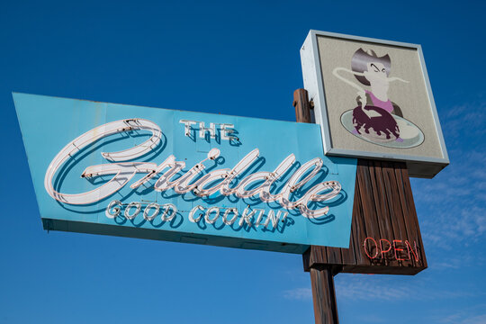 Winnemucca, Nevada - August 5, 2020: Retro neon sign for The Griddle restaurant in the downtown area