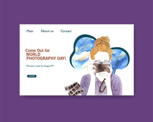 Website template design with World photography day for internet and online community watercolor illustration