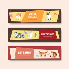 Cute cats banner template design for advertise and marketing watercolor illustration