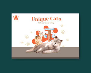 Facebook template design with cute cat for social media,advertise and online community watercolor illustration