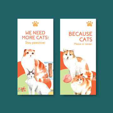 Flyer template design with cute cat for brochure,advertise and leaflet watercolor illustration