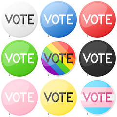 Vector illustration of a series of "VOTE" buttons in a variety of different colors and causes.