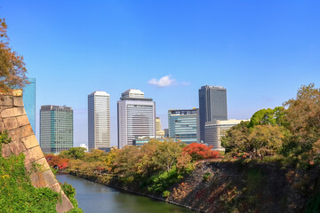 Fototapeta na wymiar Beautiful cityscape with colorful woods and river in the foregroud , viewed from the Osaka Castle Park at autumn,Osaka,Japan