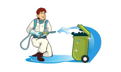 Vector Mascot Illustration of a Person Cleaning Garbage Can