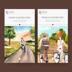 Instagram template with World Car Free Day concept design for social media and internet watercolor vector.