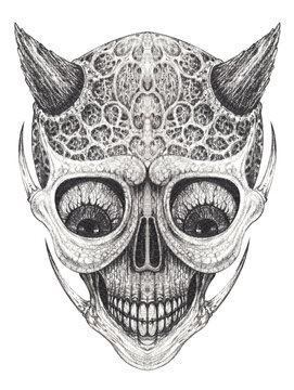 Surreal devil skull tattoo. Hand drawing on paper.