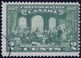 Postage stamp commemorating the 60th anniversary of Canadian independence, showing the conference...