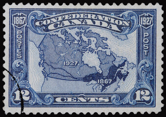 Postage stamp commemorating the 60th anniversary of Canadian independence, showing maps of its...