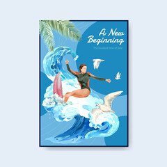 Poster template with surfboards at beach design for summer vacation tropical and relaxation watercolor vector illustration