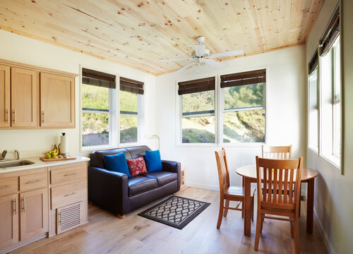 Kitchen, living room and dining room of tiny house cabin