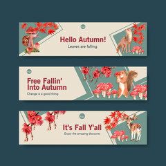 Banner template with autumn forest and animals concept design for brochure and marketing watercolor vector Illustrations.