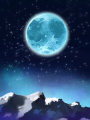 Naklejka na ściany i meble big full moon and stars over a snowy mountain