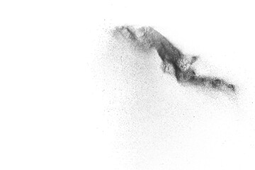 Fototapeta na wymiar Black particles explosion isolated on white background. Abstract dust overlay texture.