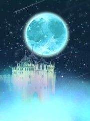 bluely full moon and starry sky with European style castle