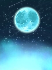 bluely full moon and starry sky with clouds