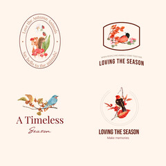 Logo with autumn forest and animals concept design for brand and marketing watercolor vector Illustrations.