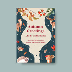 Poster template with autumn forest and animals concept design for advertise and marketing watercolor vector Illustrations.