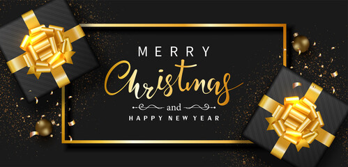 Christmas banner. Merry Christmas and Happy New year. Gift box decorated with gold bow, frame, balls, and confetti, isolated on black background. Xmas holiday. Luxury. Top view. Vector illustration.