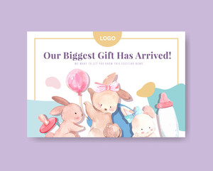 Facebook template with baby shower design concept for social media and online marketing watercolor vector illustration.
