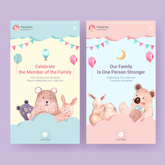 Instagram template with baby shower design concept for social media and marketing watercolor vector illustration.