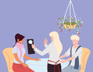 Couple in restaurant and waitress taking the order